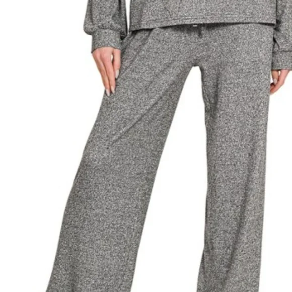 Zenana Soft Melange Hacci Long Slv Tee & Pants Set - Picture 2 of 3